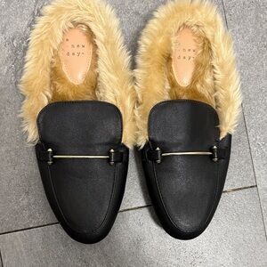 A New Day Black Loafers with Faux Fur Trim